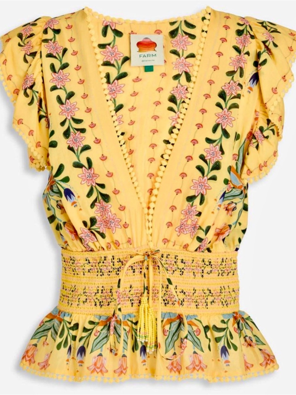 FARM Rio Yellow Floral Embroidered Smocked Waist Blouse